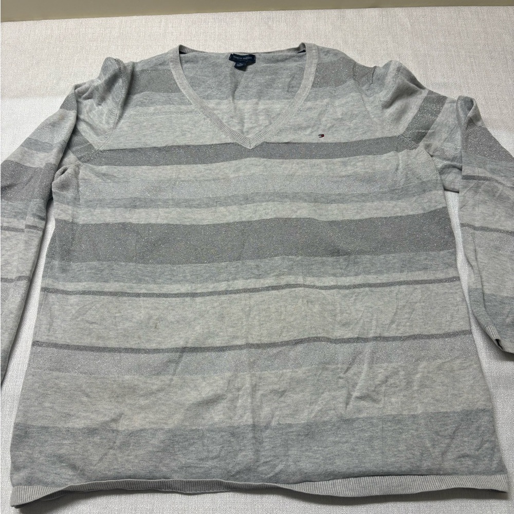 Tommy Hilfiger Light Gray Striped V-Neck Blouse